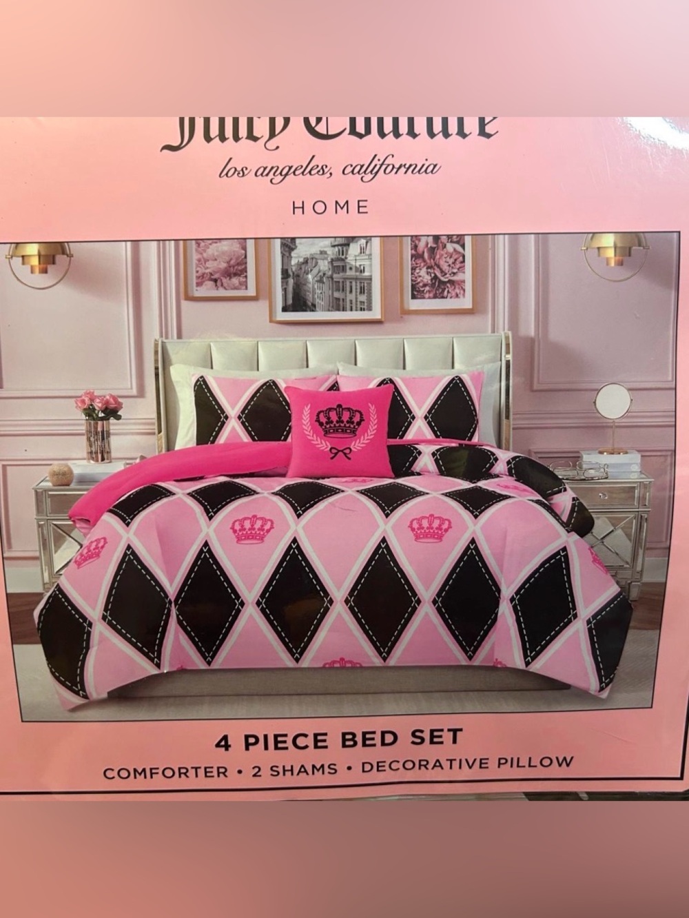 Juicy Couture Pink and Black Crown Argyle Comforter Set